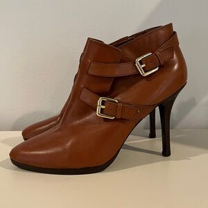 Lauren Ralph Lauren Cognac Leather Ankle Booties with Gold Buckles